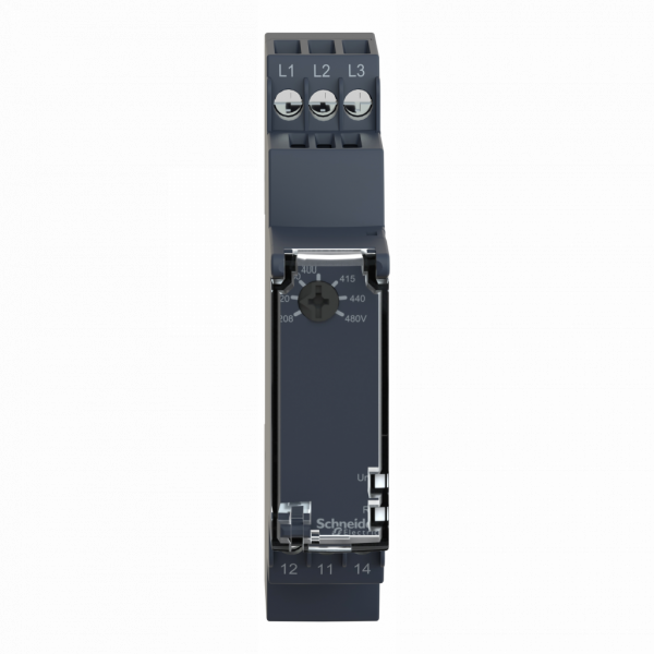 Harmony control - relais de contrôle 3 phases - ordre et absence de phase - triphasé - 208-480VAC - RM17TT - largeur : 17,5mm - IP20 (bornes), IP30 (gaine) - capacité de commutation : 1250 VA - sans temporisation - visuel 1