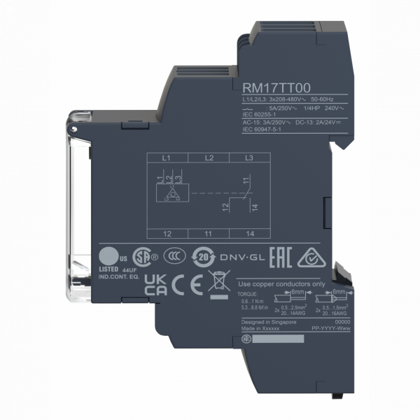 Harmony control - relais de contrôle 3 phases - ordre et absence de phase - triphasé - 208-480VAC - RM17TT - largeur : 17,5mm - IP20 (bornes), IP30 (gaine) - capacité de commutation : 1250 VA - sans temporisation - visuel 4