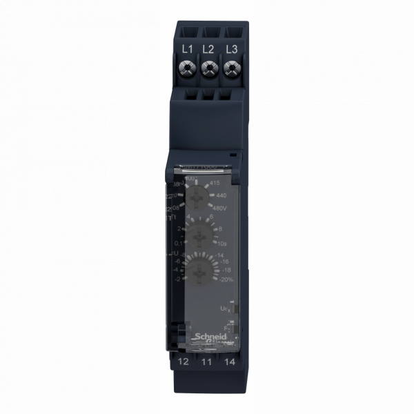 Harmony control - relais de contrôle 3 phases - ordre et absence de phase, asymétrie, 208..480VAC - asymétrie, séquence de phases, détection de défauts de phase - largeur : 17,5mm - 1250 VA - 1F/O - IP20 (bornes), IP30 (gaine) - visuel 1
