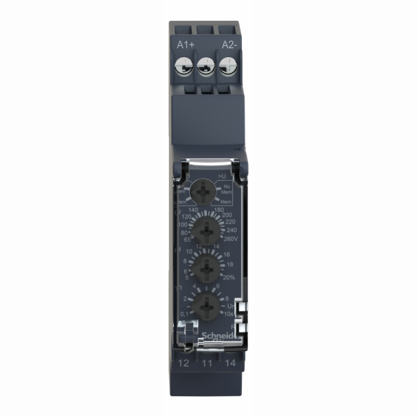 Harmony control - relais de contrôle de la tension - sur ou sous tension 65..260 V AC DC - RM17UAS - largeur : 17,5mm - IP20 (bornes), IP30 (gaine) - 1250 VA - temporisation : réglable 0,1…10 s, +/-10 % lors du dépassement du seuil - visuel 1
