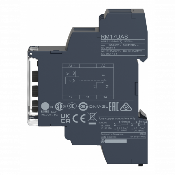 Harmony control - relais de contrôle de la tension - sur ou sous tension 65..260 V AC DC - RM17UAS - largeur : 17,5mm - IP20 (bornes), IP30 (gaine) - 1250 VA - temporisation : réglable 0,1…10 s, +/-10 % lors du dépassement du seuil - visuel 4