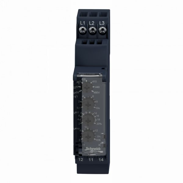 Harmony control sur et sous tension triphasé 208..480VAC - RM17UB3 - largeur : 17,5mm - IP20 (bornes), IP30 (gaine) - capacité de commutation : 1250 VA - temps de reset : 1500 ms temporisation - visuel 1