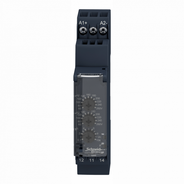 Harmony control - relais de contrôle de la tension - sur ou sous tension 65..260 V AC DC - RM17UBE - largeur : 17,5mm - IP20 (bornes), IP30 (gaine) - 1250 VA - temporisation : réglable 0,1…10 s, +/-10 % lors du dépassement du seuil - visuel 1