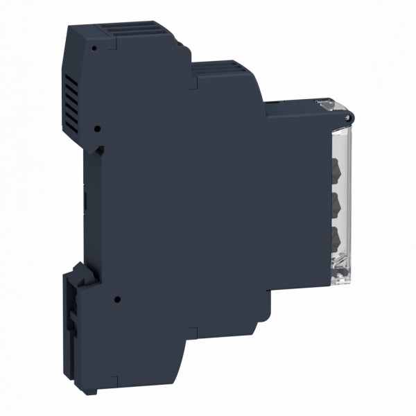 Harmony control - relais de contrôle de la tension - sur ou sous tension 20..80 V AC DC - RM17UBE - largeur : 17,5mm - IP20 (bornes), IP30 (gaine) - 1250 VA - temporisation : réglable 0,1…10 s, +/-10 % lors du dépassement du seuil - visuel 3