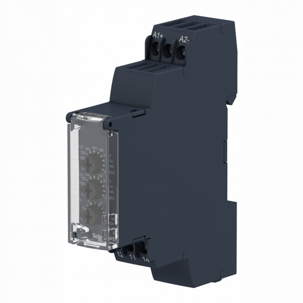 Harmony control - relais de contrôle de la tension - sur ou sous tension 20..80 V AC DC - RM17UBE - largeur : 17,5mm - IP20 (bornes), IP30 (gaine) - 1250 VA - temporisation : réglable 0,1…10 s, +/-10 % lors du dépassement du seuil - visuel 4