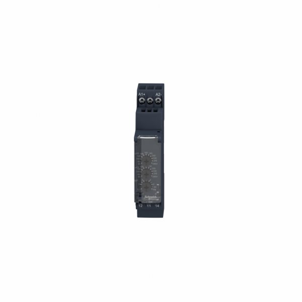 Harmony control - relais de contrôle de la tension - sur ou sous tension 20..80 V AC DC - RM17UBE - largeur : 17,5mm - IP20 (bornes), IP30 (gaine) - 1250 VA - temporisation : réglable 0,1…10 s, +/-10 % lors du dépassement du seuil - visuel 1
