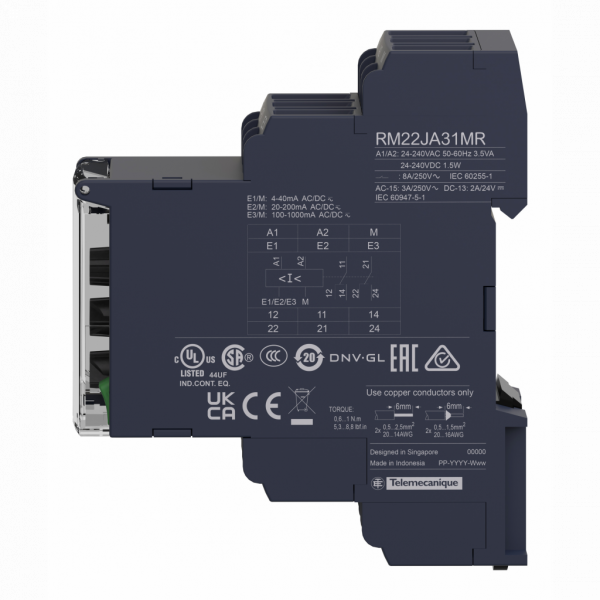 Harmony RM22 - relais de contrôle courant - sur/sous-intensité - 4mA à 1A - 2OF - 24V-240Vca/cc - largeur : 22,5mm - IP20, IP40, IP50 - 2000 VA - temporisation : réglable 0,1…30 s, +/-10 % de la valeur pleine échelle, dépassement du seuil - visuel 4