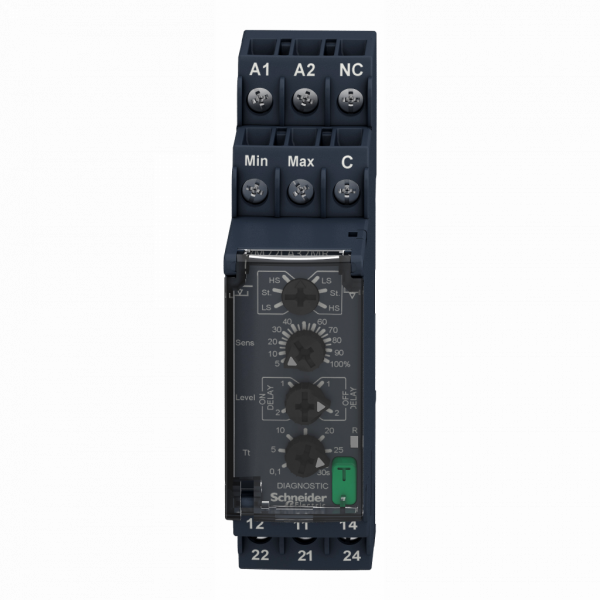 Harmony control RM22- relais contrôle de niveau - 2OF - 24 à 240Vca/cc - largeur : 22,5mm - IP20 (bornier), IP40 (envel.), IP50 (face av.) - 2000 VA - temporisation : réglable 0,1…30 s, +/-10 % de la valeur pleine échelle, dépassement seuil - visuel 1