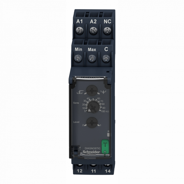 Harmony control RM22 - relais contrôle de niveau - 1OF - 24 à 240Vca/cc - largeur : 22,5mm - IP20 (bornier), IP40 (enveloppe), IP50 (face avant) - capacité de commutation : 2000 VA - sans temporisation - visuel 1