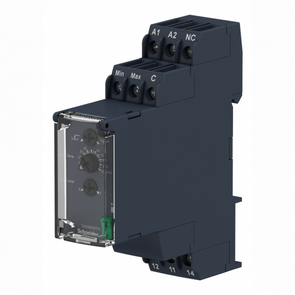 Harmony Control RM22 - relais contrôle de niveau - 1OF - 380 à 415Vca - largeur : 22,5mm - IP20 (bornier), IP40 (envel.), IP50 (face av.) - commutation : 2000 VA - sans temporisation - visuel 4