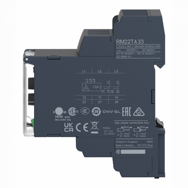 Harmony control RM22 - relais de contrôle 3 phases - 2OF - 380 à 480Vac -largeur : 22,5mm - IP20 (bornier), IP40 (envel.), IP50 (face av.) - capacité de commutation : 2000 VA - tempo réglable 0,1…30 s, +/-10 % de la valeur pleine échelle - visuel 4