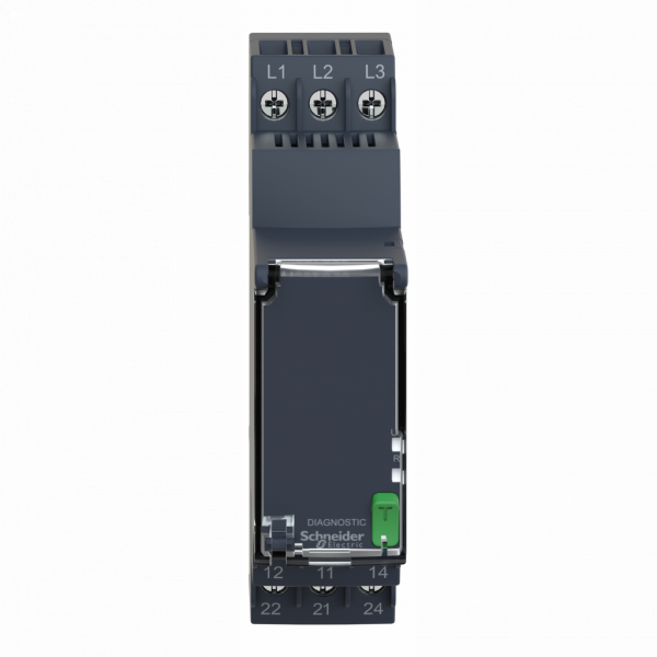 Harmony control RM22 - relais de contrôle 3 phases - 2OF - 208 à 480Vac - RM22TG - largeur : 22,5mm - IP20 (bornier), IP40 (enveloppe), IP50 (face avant) - capacité de commutation : 2000 VA - sans temporisation - visuel 1