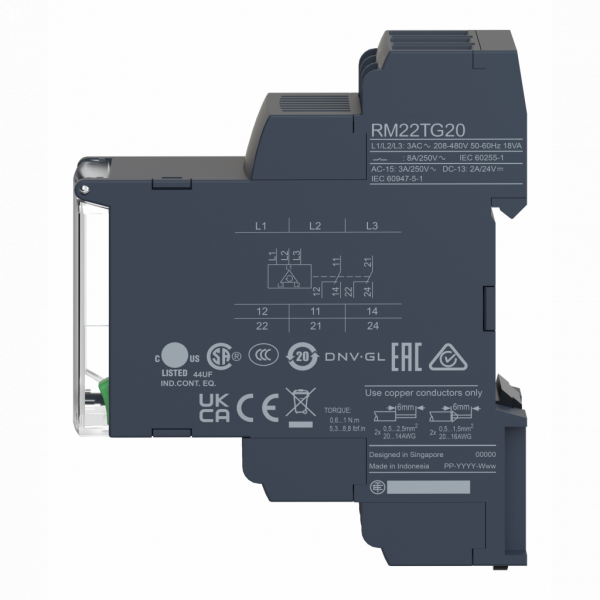 Harmony control RM22 - relais de contrôle 3 phases - 2OF - 208 à 480Vac - RM22TG - largeur : 22,5mm - IP20 (bornier), IP40 (enveloppe), IP50 (face avant) - capacité de commutation : 2000 VA - sans temporisation - visuel 4