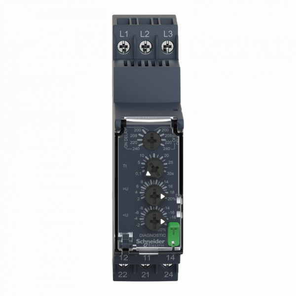 Harmony Control RM22 - relais contrôle de phases - 2OF - 200 à 240Vca - IP20, IP40, IP50 - largeur : 22,5mm - paramètres surveillés : séquence de phases, détection de défauts de phase, détection de surtension et de sous-tension - visuel 1