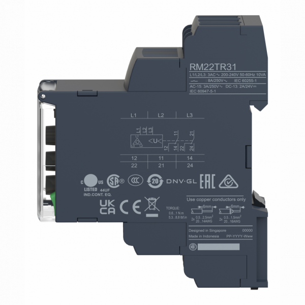Harmony Control RM22 - relais contrôle de phases - 2OF - 200 à 240Vca - IP20, IP40, IP50 - largeur : 22,5mm - paramètres surveillés : séquence de phases, détection de défauts de phase, détection de surtension et de sous-tension - visuel 4
