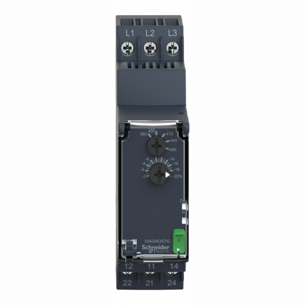 Harmony control RM22 - relais contrôle de phases - 2OF - 380 à 480Vca - RM22TR - 3 phases - largeur : 22,5mm - IP20 (bornes), IP30 (gaine) - capacité de commutation : 2000 VA - sans temporisation - visuel 1