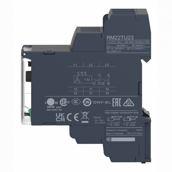 Harmony control RM22 - relais contrôle de phases - 2OF - 380 à 480Vca - RM22TR - 3 phases - largeur : 22,5mm - IP20 (bornes), IP30 (gaine) - capacité de commutation : 2000 VA - sans temporisation - visuel 4