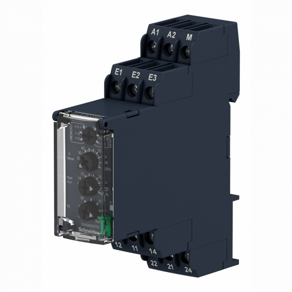 Harmony Control RM22 - relais sur/sous-tension - 5mV à 5V - 2OF - 24 à 240Vca/cc - IP20, IP40, IP50 - largeur : 22,5mm - paramètres surveillés : séquence de phases, détection de défauts de phase, détection de sous-tension - visuel 4