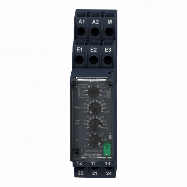 Harmony Control RM22 - relais sur/sous-tension - 1 à 100V - 2OF - 24 à 240Vca/cc - IP20, IP40, IP50 - largeur : 22,5mm - paramètres surveillés : séquence de phases, détection de défauts de phase, détection de sous-tension - visuel 1