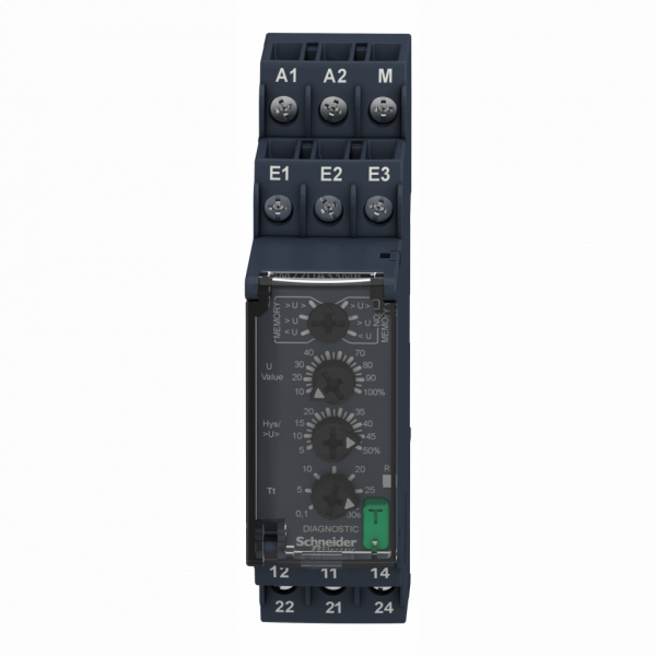 Harmony control RM22 - relais contrôle de tension - sur/sous-tension - 15 à 500V - 2OF - 24 à 240Vca/cc - RM22UA - largeur : 22,5mm - IP20 (bornes), IP40 (envel.), IP50 (face av.) - 2000 VA - temporisation : réglable 0,1…30 s, +/-10 % - visuel 1