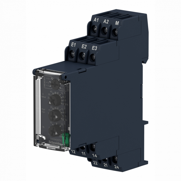 Harmony Control RM22 - relais sur/sous-tension - 15 à 500V - 2OF - 380 à 415Vca - IP20, IP40, IP50 - largeur : 22,5mm - paramètres surveillés : détection de surtension ou de sous-tension, sous-tension et surtension en mode fenêtre - visuel 4