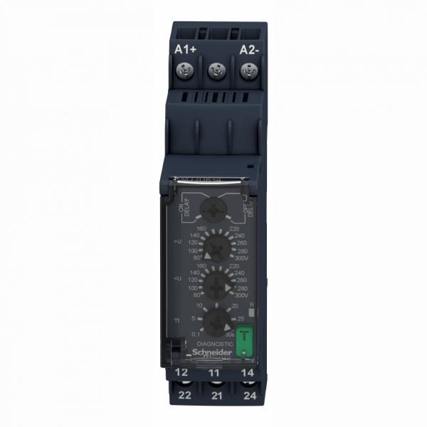 Harmony RM22 - relais sur/sous-tension - 80 à 300V - 2OF - 110 à 240Vac/cc - IP20, IP40, IP50 - largeur : 22,5mm - paramètres surveillés : détection de surtension ou de sous-tension - visuel 1