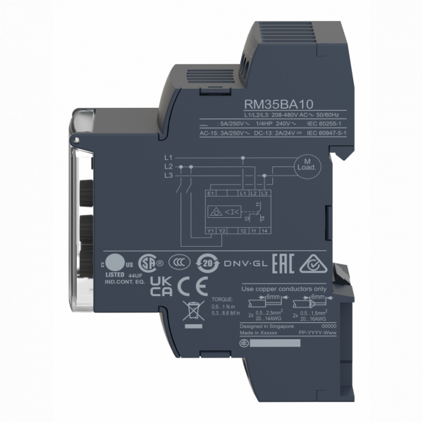 Harmony control RM35-BA - relais de contrôle de pompe - plage 1..10A - 1250VA - largeur : 35mm - IP20 (bornes), IP30 (gaine) - temporisation : réglable - visuel 4
