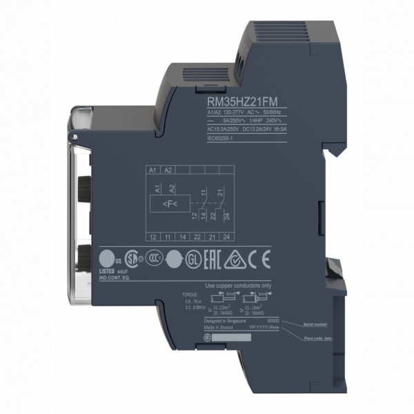 Harmony RM35-HZ - relais de contrôle de la fréquence - plage 40..70 Hz - IP20,IP30 - paramètres surveillés par le relais : surfréquence et sous-fréquence 50 ou 60 Hz - visuel 4