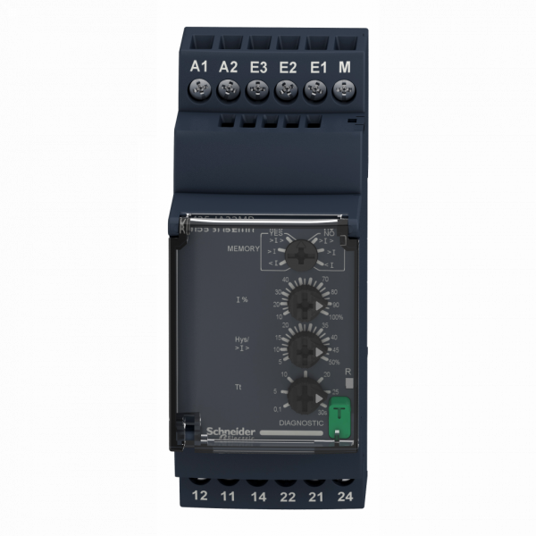 Harmony RM35 - relais de contrôle courant - sur/sous-intensité - 1,5 à 15A - 2OF - 24V-240Vca/cc - largeur : 35mm - IP20, IP30, IP50 - 2000 VA - temporisation : réglable 0,1…30 s, +/-10 % de la valeur pleine échelle, dépassement du seuil - visuel 1