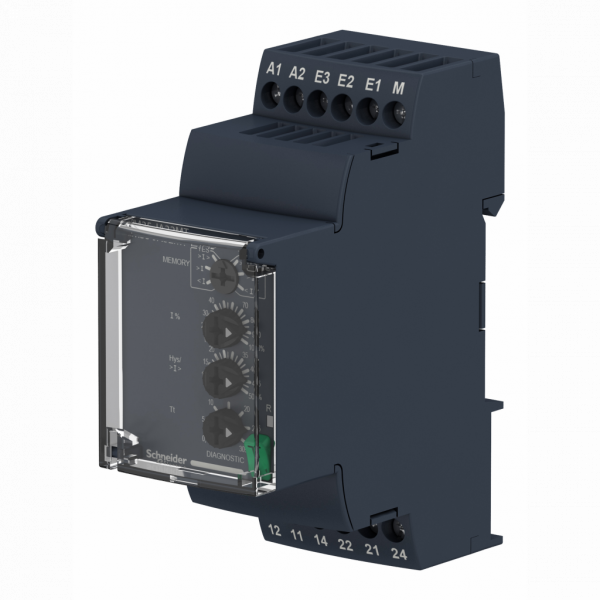Harmony RM35 - relais sur/sous-intensité - 1,5 à 15A - 2OF - 380V à 415Vac - IP20, IP30, IP50 - largeur : 35mm - paramètres surveillés : détection de surintensité ou sous-intensité, surintensité ou sous-intensité en mode fenêtre - visuel 4