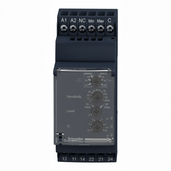Harmony RM35-L - relais de contrôle de niveau de liquide - 24..240Vca/cc - largeur : 35mm - IP20 (bornes), IP30 (gaine) - capacité de commutation : 1250 VA - temporisation : réglable - contacts : 2 O/F - visuel 1