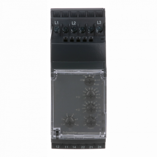 Harmony RM35-T - relais de contrôle de phase multifonction - plage 194..528Vca - largeur : 35mm - 3 phases - IP20 (bornes), IP30 (gaine) - capacité de commutation : 1250 VA - temporisation : réglable - contacts : 2 O/F - visuel 1