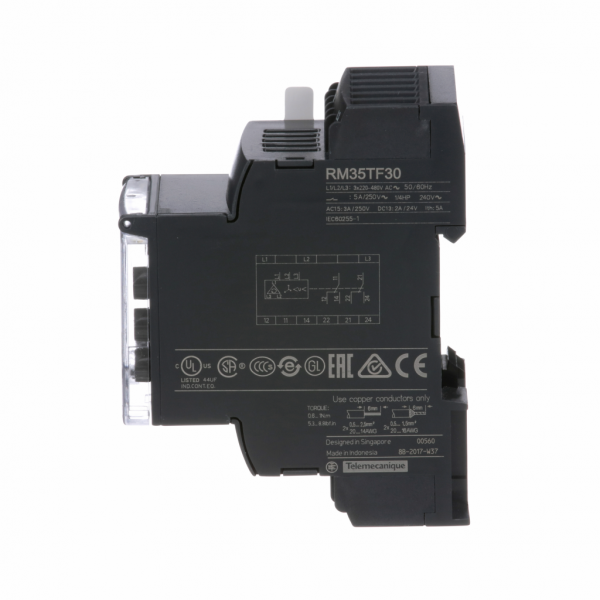 Harmony RM35-T - relais de contrôle de phase multifonction - plage 194..528Vca - largeur : 35mm - 3 phases - IP20 (bornes), IP30 (gaine) - capacité de commutation : 1250 VA - temporisation : réglable - contacts : 2 O/F - visuel 3