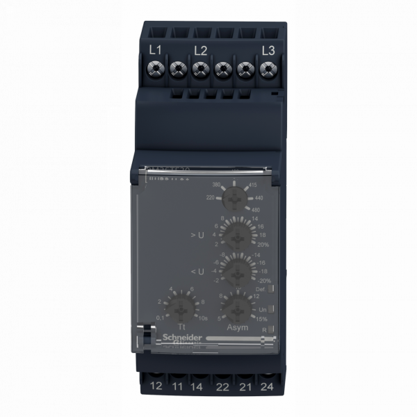 Harmony RM35-U - relais de contrôle de tension - plage 194..528Vca - largeur : 35mm - IP20 (bornes), IP30 (gaine) - 1250 VA - temporisation : réglable 0,3…30 s, +/-10 % lors du dépassement du seuil - visuel 1