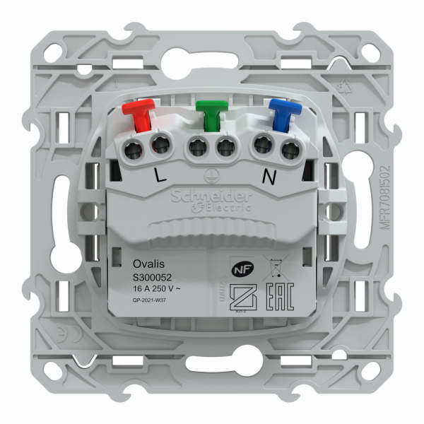 Ovalis - prise de courant affleurante - 2P+T - Antibactérien - fixation par vis uniquement - Raccordement : 1 x 1,5…2 x 4 mm² souple / rigide / multibrin - bornes automatiques - 16 A - 250 VCA 50 Hz - IK04 IP21D - NF - protection peinture - visuel 3