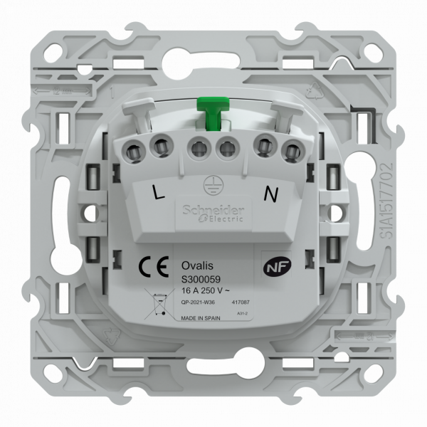 Ovalis - prise de courant à puits - 2P+T - Antibactérien - fixation vis - griffes en option - Raccordement : 1 x 1,5…2 x 4 mm² souple / rigide / multibrin - bornes automatiques - 16 A - 250 VCA 50 Hz - IK04 IP21D - protection peinture - NF - visuel 3