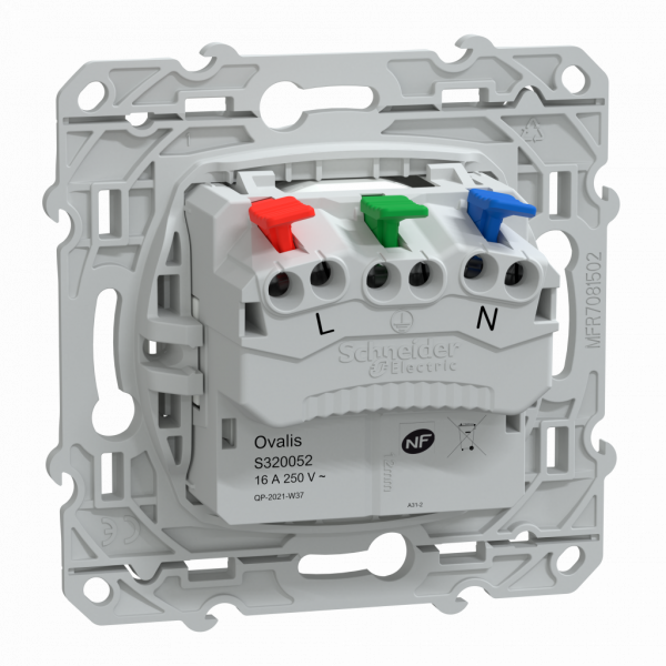 Ovalis - prise de courant affleurante - 2P+T - Blanc - fixation par vis uniquement - Raccordement : 1 x 1,5‚Ä¶2 x 4 mm¬? souple / rigide / multibrin - bornes automatiques - 16 A - 250 VCA 50 Hz - IK04 IP21D  - protection peinture - NF - visuel 2