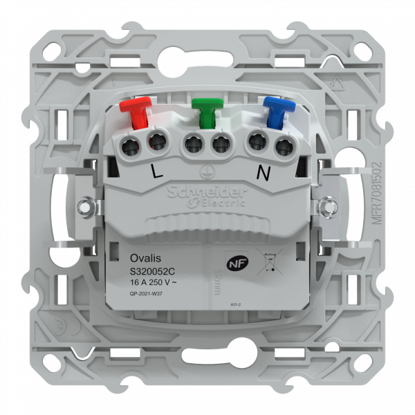 Ovalis - prise de courant affleurante - 2P+T - Blanc - fixation par vis + griffes montées - Raccordement : 1 x 1,5…2 x 4 mm² souple / rigide / multibrin - bornes automatiques - 16 A - 250 VCA 50 Hz - IK04 IP21D -  NF - protection peinture - visuel 3