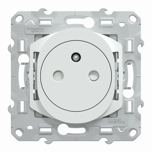 Ovalis - prise de courant affleurante - 2P+T - Blanc - fixation par vis + griffes montées - Raccordement : 1 x 1,5…2 x 4 mm² souple / rigide / multibrin - bornes automatiques - 16 A - 250 VCA 50 Hz - IK04 IP21D -  NF - protection peinture - visuel 1
