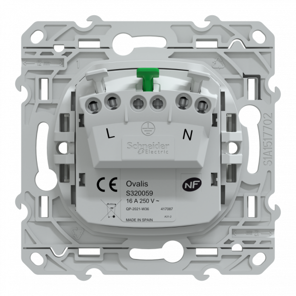 Ovalis - prise de courant à puits - 2P+T - Blanc - fixation par vis - griffes en option - Raccordement : 1 x 1,5…2 x 4 mm² souple / rigide / multibrin - bornes automatiques - 16 A - 250 VCA 50 Hz - IK04 IP21D  - protection peinture - NF - visuel 3