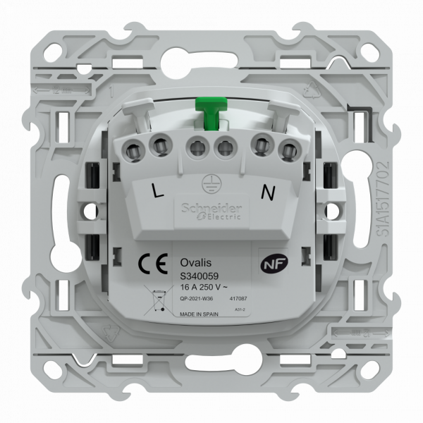 Ovalis - prise de courant à puits - 2P+T - Anthracite - fixation par vis - griffes en option - Raccordement : 1 x 1,5…2 x 4 mm² souple / rigide / multibrin - bornes automatiques - 16 A - 250 VCA 50 Hz - IK04 IP21D - protection peinture - NF - visuel 3