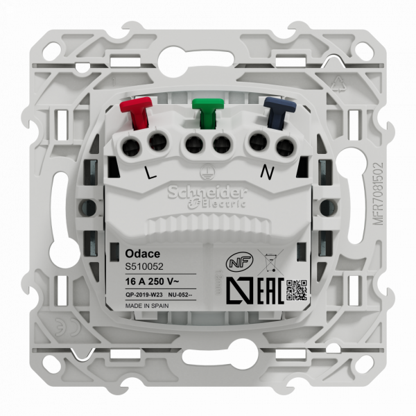 Odace - prise de courant affleurante - 2P+T - française - blanc recyclé brillant - fixation par vis - Raccordement : 1 x 1,5…2 x 4 mm² souple / rigide / multibrin - bornes automatiques - 16 A - 250VCA 50 Hz - NF - IK04 - IP21D - visuel 3