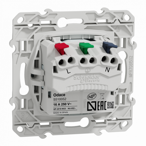 Odace - prise de courant affleurante - 2P+T - française - blanc recyclé brillant - fixation par vis - Raccordement : 1 x 1,5…2 x 4 mm² souple / rigide / multibrin - bornes automatiques - 16 A - 250VCA 50 Hz - NF - IK04 - IP21D - visuel 2