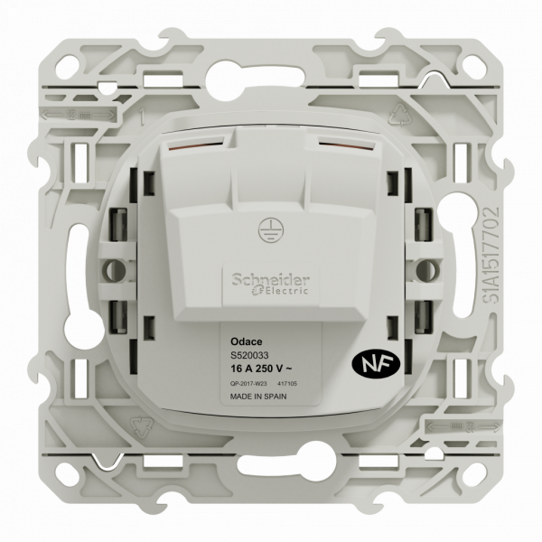 Odace - prise de courant - 2P - blanc RAL 9003 brillant - fixation par vis - Raccordement : 1 x 1,5 à 2 x 4 mm² souple / rigide / multibrin - bornes à vis - 16 A - 250VCA 50 Hz - NF - IK04 - IP21D - visuel 3