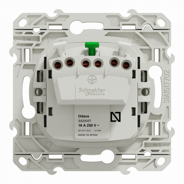 Odace - prise de courant - 2P+T - allemand - blanc RAL 9003 brillant - fixation par vis - Raccordement : 1 x 1,5…2 x 4 mm² souple / rigide / multibrin - 3x2 bornes automatiques - 16 A - 250VCA 50 Hz - IK04 - IP21D - visuel 3