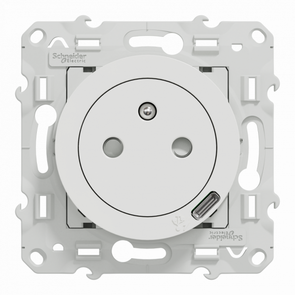 Odace - prise de courant affleurante - 2P+T - avec USB C puissance 10.5W en 1 poste - blanc  brillant - fixation par vis -  raccordement: 1 x 1,5 à 2 x 4 mm² souple / rigide / multibrin - 16 A - 250VCA 50 Hz - NF - IK04 - IP21D - visuel 1