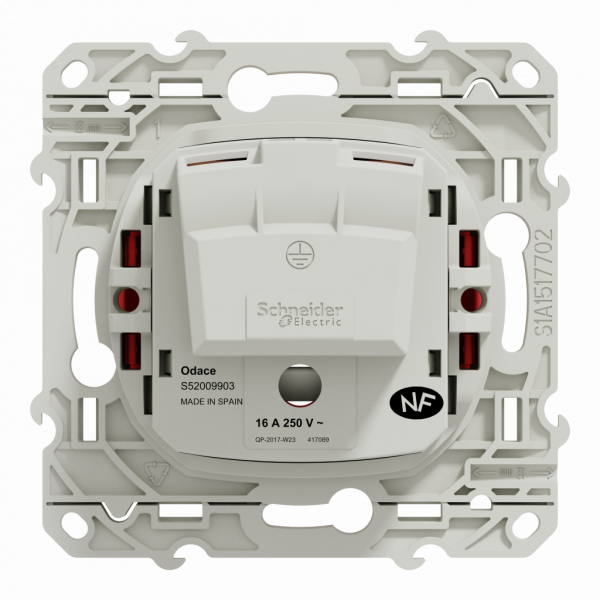 Odace - prise de courant - 2P+T - française - rouge brillant - détrompage et éclipses - fixation par vis - Raccordement : 1 x 1,5…2 x 4 mm² souple / rigide / multibrin - bornes à vis - 16 A - 250VCA 50 Hz - NF - IK04 - IP21D - visuel 3