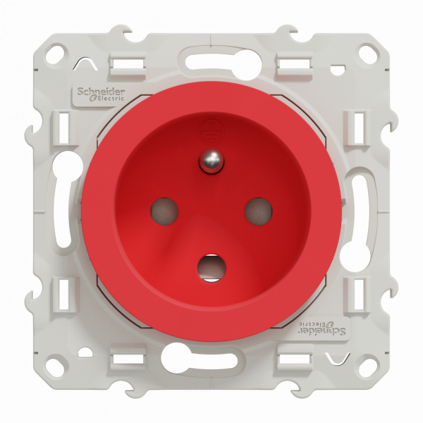 Odace - prise de courant - 2P+T - française - rouge brillant - détrompage et éclipses - fixation par vis - Raccordement : 1 x 1,5…2 x 4 mm² souple / rigide / multibrin - bornes à vis - 16 A - 250VCA 50 Hz - NF - IK04 - IP21D - visuel 1