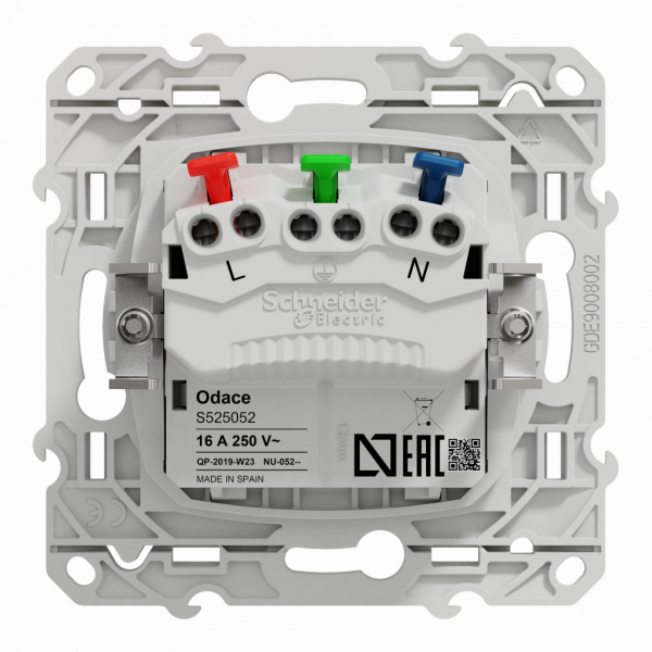 Odace - prise de courant - 2P+T - affleurante avec griffes - spécial pour rénovation- blanc - fixation par vis - Raccordement : 1 x 1,5 à 2 x 4 mm² souple / rigide / multibrin - bornes automatique - 16 A - 250VCA 50 Hz - NF - IK04 - IP21D - visuel 3