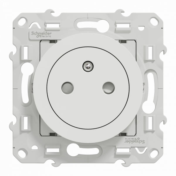 Odace - prise de courant - 2P+T - affleurante avec griffes - spécial pour rénovation- blanc - fixation par vis - Raccordement : 1 x 1,5 à 2 x 4 mm² souple / rigide / multibrin - bornes automatique - 16 A - 250VCA 50 Hz - NF - IK04 - IP21D - visuel 1